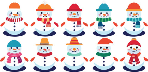 Cute Cartoon Snowman Icon Set – Cute Christmas and Winter Holiday Vector Collection of  Festive Designs