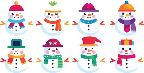 Cute Cartoon Snowman Icon Set – Cute Christmas and Winter Holiday Vector Collection of  Festive Designs