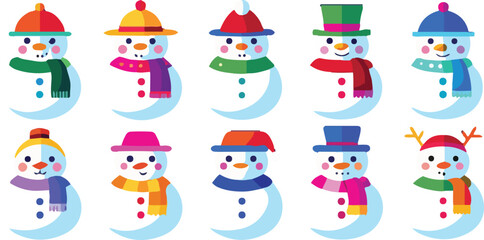 Cute Cartoon Snowman Icon Set – Cute Christmas and Winter Holiday Vector Collection of  Festive Designs
