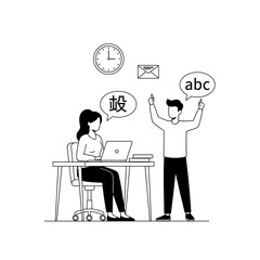Two people communicating, one working on a laptop