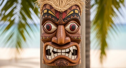 Guardian of the Shore: A Fierce, Intricately Carved Tiki Mask with Red Eyes and Shell Teeth