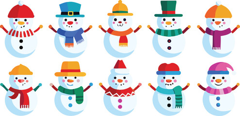 Cute Cartoon Snowman Icon Set – Cute Christmas and Winter Holiday Vector Collection of  Festive Designs