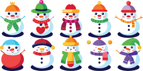 Cute Cartoon Snowman Icon Set – Cute Christmas and Winter Holiday Vector Collection of  Festive Designs