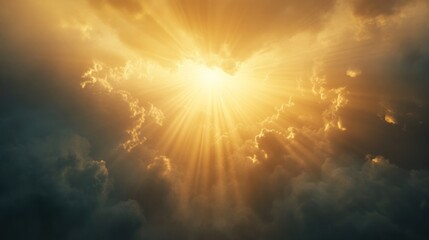 A dramatic sky with sunlight breaking through clouds, creating a serene and uplifting atmosphere.