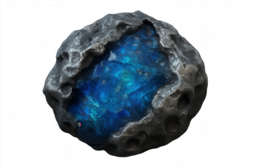 Glowing blue crystal core emerging from grey asteroid surface, sci-fi backdrop suggesting extraterrestrial mineral discovery