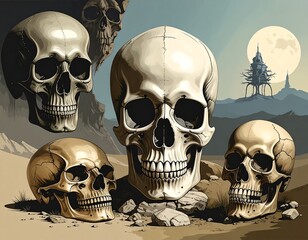 Desert skulls in a surreal landscape