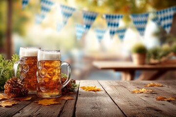 Autumn beer garden scene with festive decorations and beer mugs on rustic table. Wooden beer garden tables, steins, fall leaves on the ground