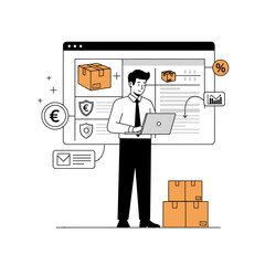 Man with laptop managing online orders and shipping boxes