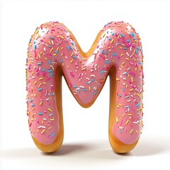 A font M donut shape with pink cream topping, snack food isolated white