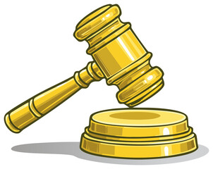 Illustration of a golden gavel resting on a wooden block against a white background