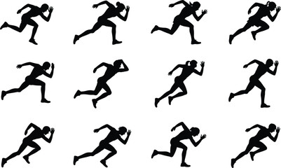 Silhouettes of male runners sprinting, running fast, athletic motion, sports action, fitness training, track running, exercise, dynamic movement, speed, endurance, competition,