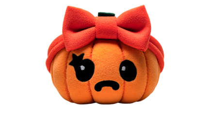 Sad plush pumpkin with orange bow isolated on transparent background