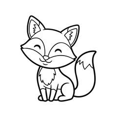 Fototapeta premium Cute smiling cartoon fox sitting with bushy tail and closed eyes in simple black and white line art style