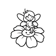 Naklejka premium Cute cartoon fairy with wings sitting on a large smiling flower in a simple black and white line art style