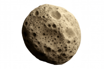 Photorealistic asteroid rotating in space, with craters and a rough surface, isolated on transparent background