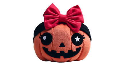 Fototapeta premium Cute plush pumpkin with red bow isolated on transparent background