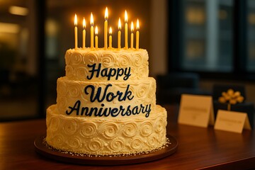Decorated cake with lit candles celebrates work anniversary, featuring "Happy Work Anniversary" written in blue icing.