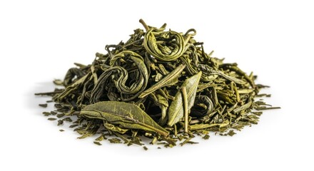 Artisanal Green Tea Leaves with Elegant Curls in a Pile on White