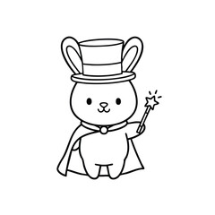 Cute cartoon bunny wearing a magician's top hat and cape holding a magic wand with a star tip in black and white