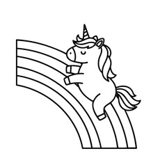 Fototapeta premium Cute cartoon unicorn with a horn happily jumping over a three-striped rainbow in a simple black and white line art style