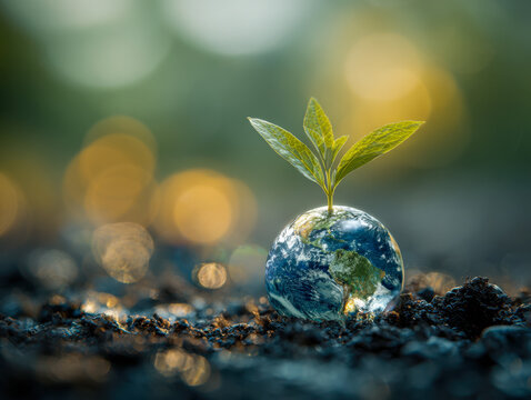 Small plant growing from a miniature globe on soil symbolizing environmental protection, sustainability, and the importance of nurturing our planet for future generations