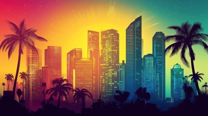 A vibrant city skyline at sunset with palm trees, showcasing a colorful urban landscape.