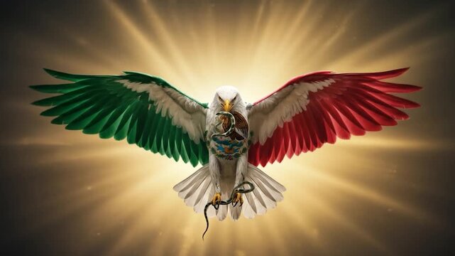 Mexican eagle with flag colors, flying with a snake in its beak. National symbol of mexico concept.