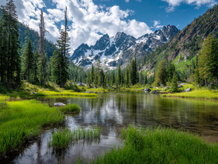 Serene alpine lake surrounded by lush green forest and snow-capped rugged mountains under a partly cloudy blue sky on a bright summer day