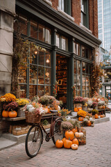 Autumn decorated storefront with pumpkins, flowers and bicycle in cozy European street