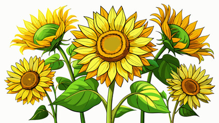 Sunflowers isolated on white background tilted angle5, golden petals radiating warmth and positivity, sturdy green stems, capturing the joyful essence of summer in a bold, vibrant vector style.
