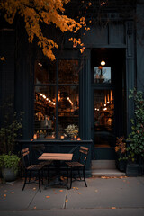 Cozy autumn fall café exterior with warm lights, yellow leaves and small table, dark mood