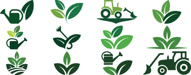 Green leaf and farm equipment icons set