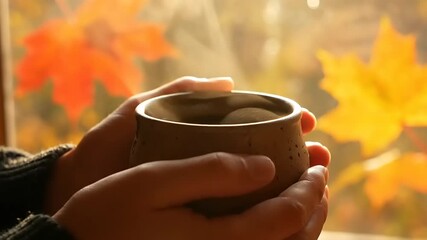 Close up of hands holding a warm mug of tea or coffee on a cozy autumn morning with colorful leaves