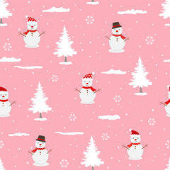 Cute winter seamless pattern with snowman on pink background,Perfect for fabric,textile,wallpaper and all print