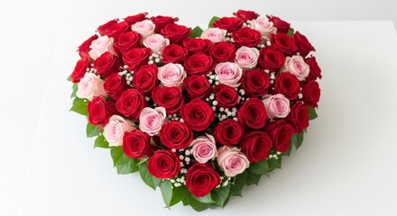 A heart-shaped arrangement of red and pink roses, beautifully displayed on a white background.