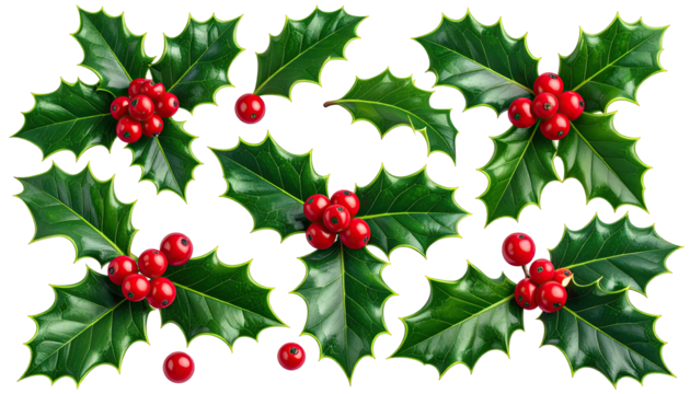 Holly sprigs with red berries, arranged