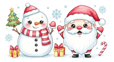 Delightful, cartoonish snowman and santa, dressed in festive attire, are showcased in a cheerful Christmas design.