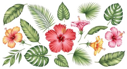 Vibrant Hand-Drawn Tropical Flora Set with Hibiscus and Exotic Palm Leaves