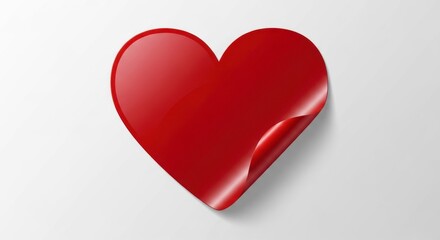 Glossy Red Heart Sticker with a Realistic 3D Curled Corner on a White Surface