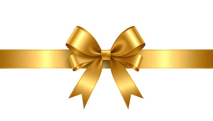 Fototapeta premium Gold ribbon bow on black background. A golden ribbon bow sits atop a horizontal band of gold ribbon against a black backdrop. The bow is detailed with highlights, giving a glossy effect