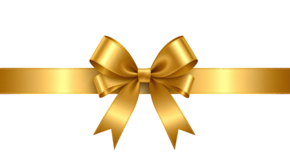 Gold ribbon bow on black background.  A golden ribbon bow sits atop a horizontal band of gold ribbon against a black backdrop.  The bow is detailed with highlights, giving a glossy effect