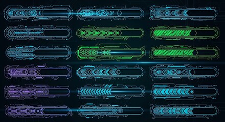 Futuristic Sci Fi HUD Elements Collection Glowing Neon Digital Interface Bars.