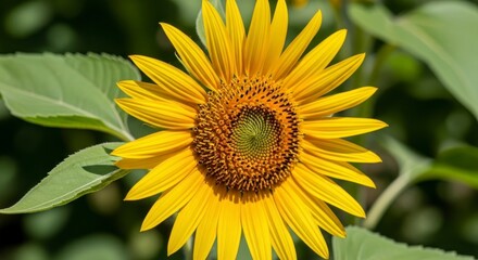 A vibrant yellow sunflower, with detailed petals and a central disc, stands out against a blurred backdrop of lush green leaves.