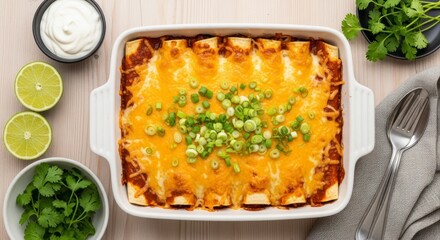 A rectangular baking dish filled with savory enchiladas topped with melted cheese and green onions.