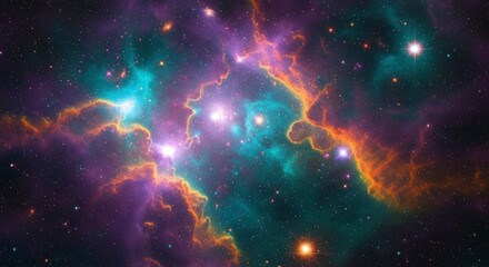 A vibrant display of cosmic nebulae, showcasing swirling hues of orange, teal, and purple against a backdrop of countless stars.