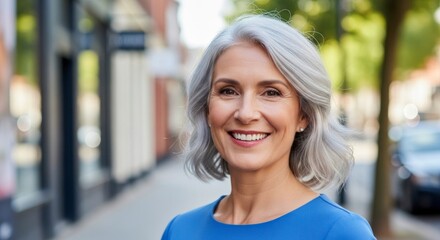 Radiant Smile of a Confident Mature Woman with Silver Hair on a Blurred City Street