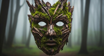 Image of super premium photo of mysterious mask made of wood and moss, resembling a forest spirit or ancient deity, set against a blurred forest background