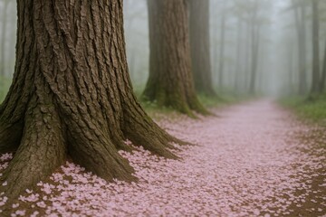 Mystical Forest Path with Pink Blossoms: A Serene and Dreamy Springtime Landscape Scene
