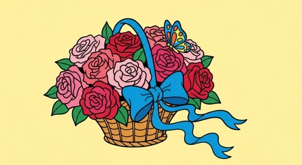 A charming illustration of a basket filled with vibrant roses and a decorative blue ribbon, enhanced by a cheerful butterfly.