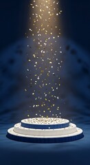 Illuminated podium with falling glitter and light rays on dark background